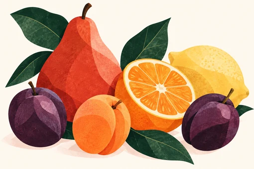 Illustration af pære, citrusfrugter, abrikos og blommer.